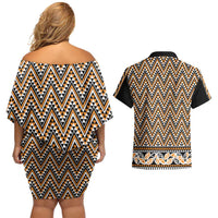 New Zealand Maori Niho Taniwha Couples Matching Off Shoulder Short Dress and Hawaiian Shirt Karaka Mangopare and Puhoro Pattern