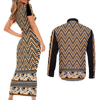 New Zealand Maori Niho Taniwha Couples Matching Short Sleeve Bodycon Dress and Long Sleeve Button Shirt Karaka Mangopare and Puhoro Pattern