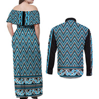 New Zealand Maori Niho Taniwha Couples Matching Off Shoulder Maxi Dress and Long Sleeve Button Shirt Kikorangi Mangopare and Puhoro Pattern