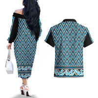 New Zealand Maori Niho Taniwha Couples Matching Off The Shoulder Long Sleeve Dress and Hawaiian Shirt Kikorangi Mangopare and Puhoro Pattern