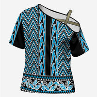 New Zealand Maori Niho Taniwha Cross Shoulder Shirt Kikorangi Mangopare and Puhoro Pattern - Polynesian Pride