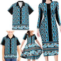 New Zealand Maori Niho Taniwha Family Matching Long Sleeve Bodycon Dress and Hawaiian Shirt Kikorangi Mangopare and Puhoro Pattern