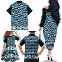 New Zealand Maori Niho Taniwha Family Matching Off The Shoulder Long Sleeve Dress and Hawaiian Shirt Kikorangi Mangopare and Puhoro Pattern