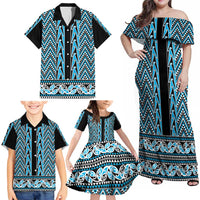 New Zealand Maori Niho Taniwha Family Matching Off Shoulder Maxi Dress and Hawaiian Shirt Kikorangi Mangopare and Puhoro Pattern