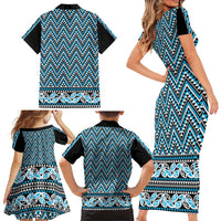 New Zealand Maori Niho Taniwha Family Matching Short Sleeve Bodycon Dress and Hawaiian Shirt Kikorangi Mangopare and Puhoro Pattern