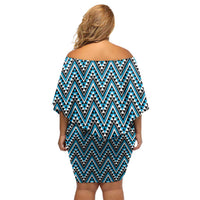 New Zealand Maori Niho Taniwha Off Shoulder Short Dress Kikorangi Mangopare and Puhoro Pattern