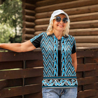 New Zealand Maori Niho Taniwha Women Polo Shirt Kikorangi Mangopare and Puhoro Pattern