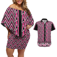 New Zealand Maori Niho Taniwha Couples Matching Off Shoulder Short Dress and Hawaiian Shirt Mawhero Mangopare and Puhoro Pattern