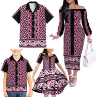 New Zealand Maori Niho Taniwha Family Matching Off The Shoulder Long Sleeve Dress and Hawaiian Shirt Mawhero Mangopare and Puhoro Pattern