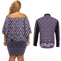 New Zealand Maori Niho Taniwha Couples Matching Off Shoulder Short Dress and Long Sleeve Button Shirt Waiporopo Mangopare and Puhoro Pattern