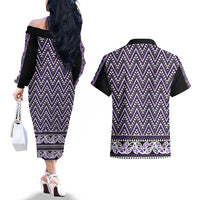 New Zealand Maori Niho Taniwha Couples Matching Off The Shoulder Long Sleeve Dress and Hawaiian Shirt Waiporopo Mangopare and Puhoro Pattern