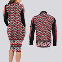 New Zealand Maori Niho Taniwha Couples Matching Long Sleeve Bodycon Dress and Long Sleeve Button Shirt Whero Mangopare and Puhoro Pattern