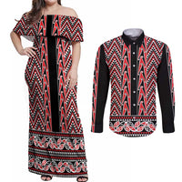 New Zealand Maori Niho Taniwha Couples Matching Off Shoulder Maxi Dress and Long Sleeve Button Shirt Whero Mangopare and Puhoro Pattern