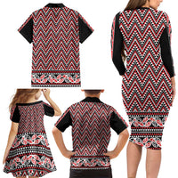 New Zealand Maori Niho Taniwha Family Matching Long Sleeve Bodycon Dress and Hawaiian Shirt Whero Mangopare and Puhoro Pattern