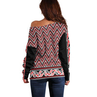 New Zealand Maori Niho Taniwha Off Shoulder Sweater Whero Mangopare and Puhoro Pattern