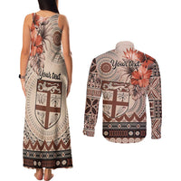 Vintage Bula Fiji Personalised Couples Matching Tank Maxi Dress and Long Sleeve Button Shirt Beige Hibiscus Tapa Pattern