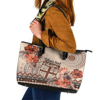 Vintage Bula Fiji Personalised Leather Tote Bag Beige Hibiscus Tapa Pattern LT9 Beige - Polynesian Pride
