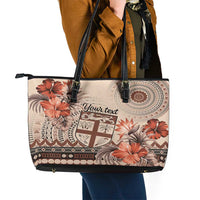 Vintage Bula Fiji Personalised Leather Tote Bag Beige Hibiscus Tapa Pattern LT9 - Polynesian Pride