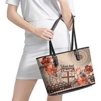 Vintage Bula Fiji Personalised Leather Tote Bag Beige Hibiscus Tapa Pattern LT9 - Polynesian Pride
