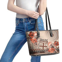 Vintage Bula Fiji Personalised Leather Tote Bag Beige Hibiscus Tapa Pattern LT9 - Polynesian Pride