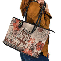 Vintage Bula Fiji Personalised Leather Tote Bag Beige Hibiscus Tapa Pattern LT9 - Polynesian Pride