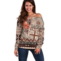 Vintage Bula Fiji Personalised Off Shoulder Sweater Beige Hibiscus Tapa Pattern LT9 Women Beige - Polynesian Pride