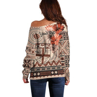 Vintage Bula Fiji Personalised Off Shoulder Sweater Beige Hibiscus Tapa Pattern LT9 - Polynesian Pride