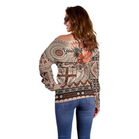 Vintage Bula Fiji Personalised Off Shoulder Sweater Beige Hibiscus Tapa Pattern LT9 - Polynesian Pride