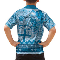 Vintage Bula Fiji Personalised Family Matching Short Sleeve Bodycon Dress and Hawaiian Shirt Blue Hibiscus Tapa Pattern