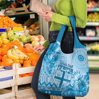 Vintage Bula Fiji Personalised Grocery Bag Blue Hibiscus Tapa Pattern LT9