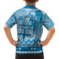 Vintage Bula Fiji Personalised Hawaiian Shirt Blue Hibiscus Tapa Pattern