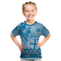 Vintage Bula Fiji Personalised Kid T Shirt Blue Hibiscus Tapa Pattern