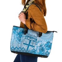 Vintage Bula Fiji Personalised Leather Tote Bag Blue Hibiscus Tapa Pattern LT9 Blue - Polynesian Pride