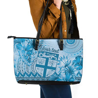 Vintage Bula Fiji Personalised Leather Tote Bag Blue Hibiscus Tapa Pattern LT9 - Polynesian Pride