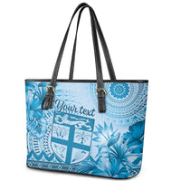 Vintage Bula Fiji Personalised Leather Tote Bag Blue Hibiscus Tapa Pattern LT9 - Polynesian Pride