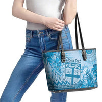 Vintage Bula Fiji Personalised Leather Tote Bag Blue Hibiscus Tapa Pattern LT9 - Polynesian Pride
