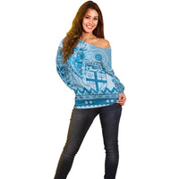 Vintage Bula Fiji Personalised Off Shoulder Sweater Blue Hibiscus Tapa Pattern LT9 - Polynesian Pride