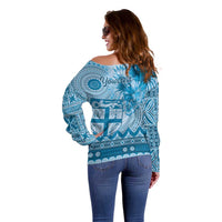 Vintage Bula Fiji Personalised Off Shoulder Sweater Blue Hibiscus Tapa Pattern LT9 - Polynesian Pride