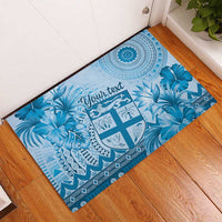 Vintage Bula Fiji Personalised Rubber Doormat Blue Hibiscus Tapa Pattern LT9