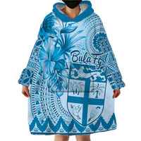 Vintage Bula Fiji Personalised Wearable Blanket Hoodie Blue Hibiscus Tapa Pattern