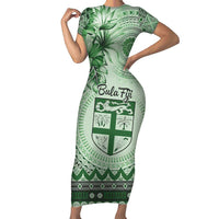 Vintage Bula Fiji Personalised Family Matching Short Sleeve Bodycon Dress and Hawaiian Shirt Green Hibiscus Tapa Pattern