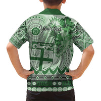 Vintage Bula Fiji Personalised Kid Hawaiian Shirt Green Hibiscus Tapa Pattern