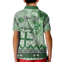 Vintage Bula Fiji Personalised Kid Polo Shirt Green Hibiscus Tapa Pattern