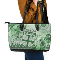 Vintage Bula Fiji Personalised Leather Tote Bag Green Hibiscus Tapa Pattern LT9 - Polynesian Pride