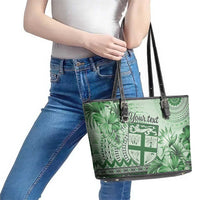 Vintage Bula Fiji Personalised Leather Tote Bag Green Hibiscus Tapa Pattern LT9 - Polynesian Pride