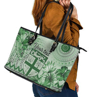 Vintage Bula Fiji Personalised Leather Tote Bag Green Hibiscus Tapa Pattern LT9 - Polynesian Pride