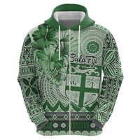 Vintage Bula Fiji Personalised Zip Hoodie Green Hibiscus Tapa Pattern