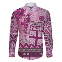 Vintage Bula Fiji Personalised Family Matching Off The Shoulder Long Sleeve Dress and Hawaiian Shirt Pink Hibiscus Tapa Pattern