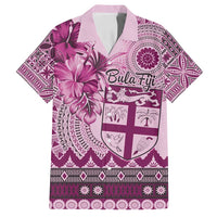 Vintage Bula Fiji Personalised Family Matching Off Shoulder Maxi Dress and Hawaiian Shirt Pink Hibiscus Tapa Pattern