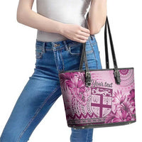 Vintage Bula Fiji Personalised Leather Tote Bag Pink Hibiscus Tapa Pattern LT9 - Polynesian Pride